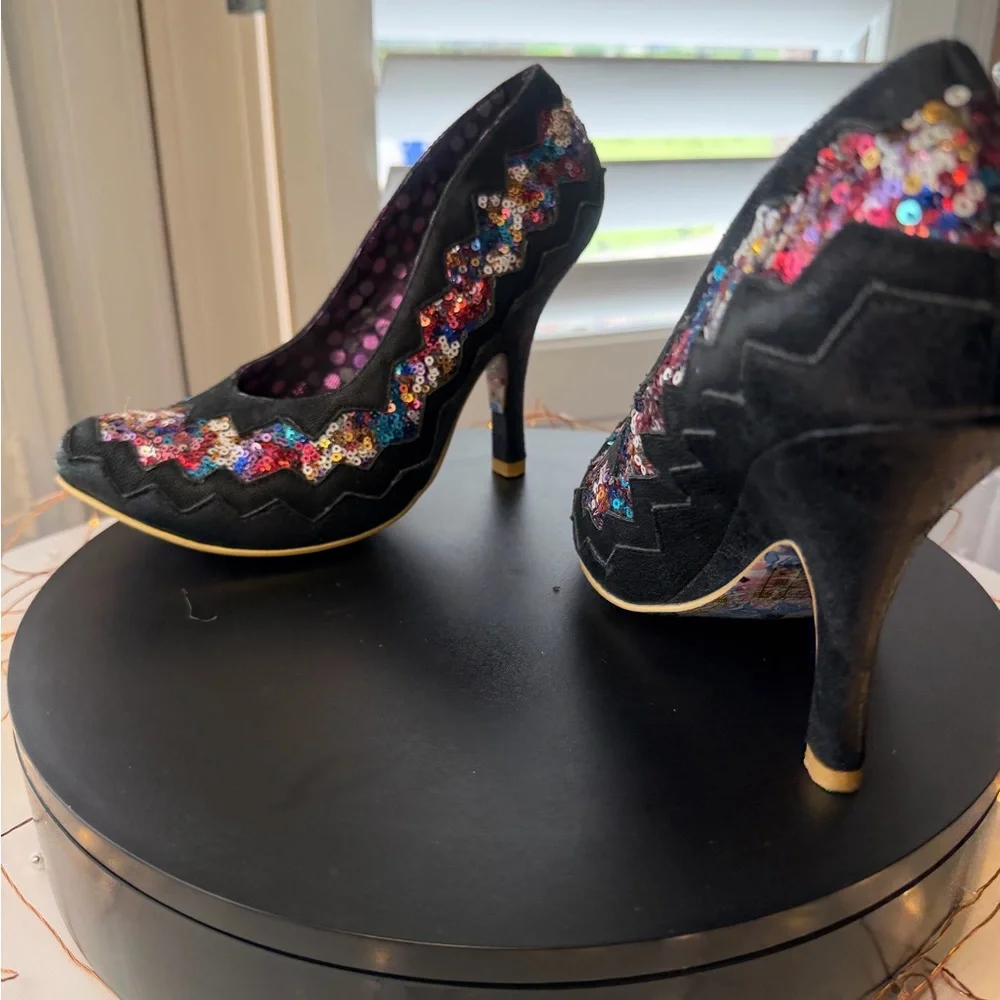 Poetic License by Irregular Choice Women's Black Sequin Zigzag High Heels, 39/8 - Picture 6 of 14